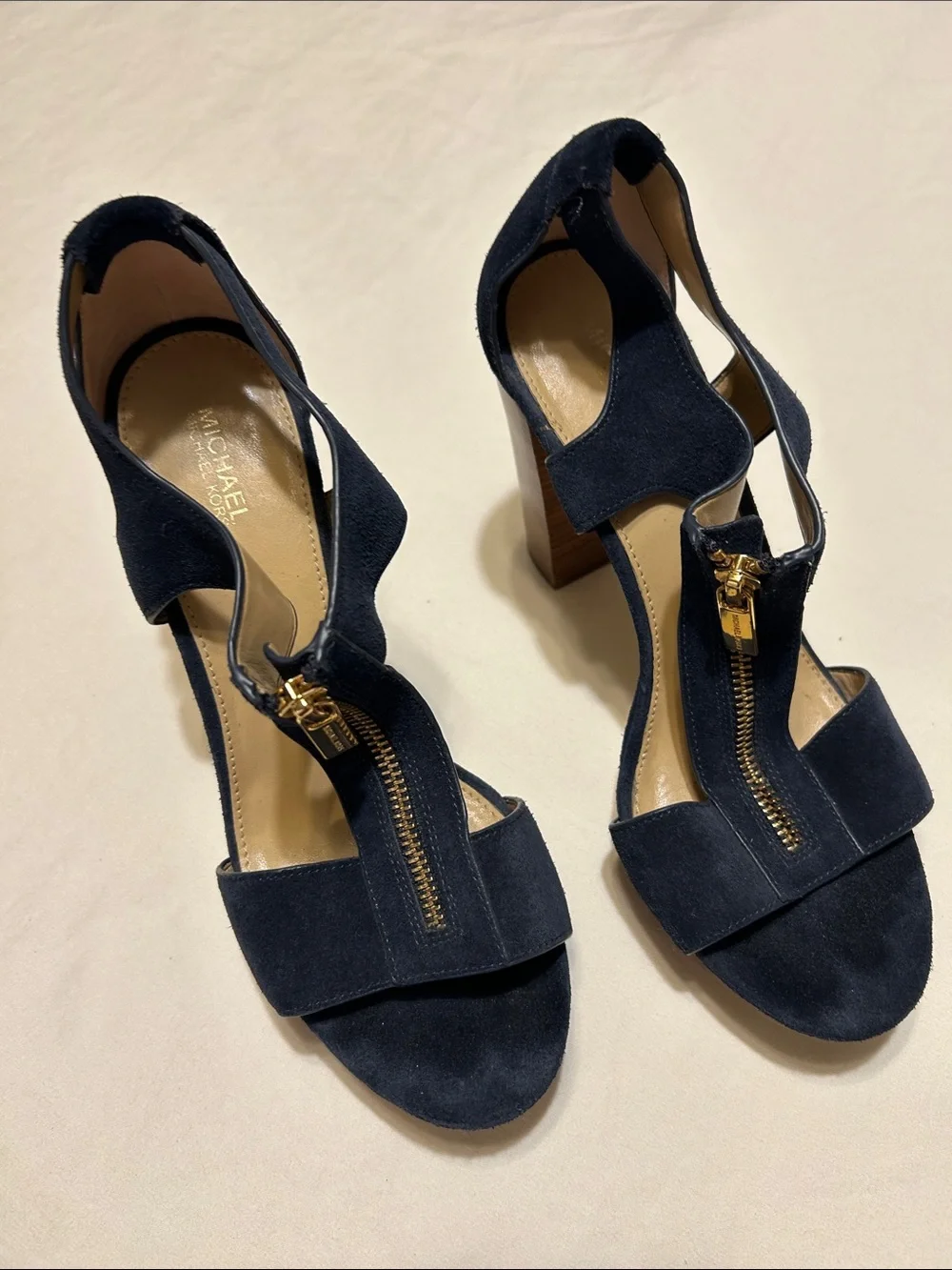 Michael Kors Navy Suede Zip-Front Block Heel Sandals